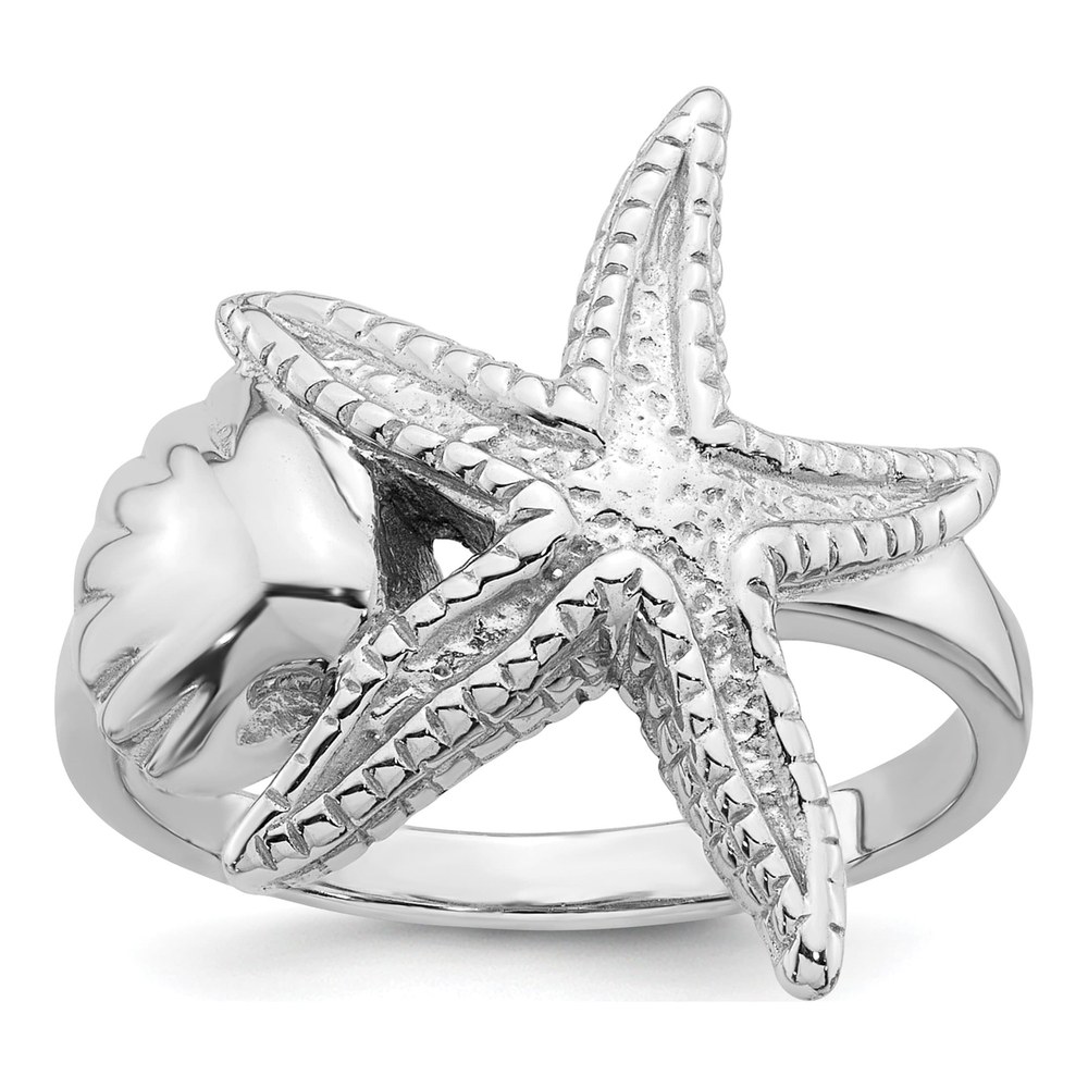 Sterling Silver Rhodium-Plated Polished And Textured Sea Shell With Starfish Size 6 Ring