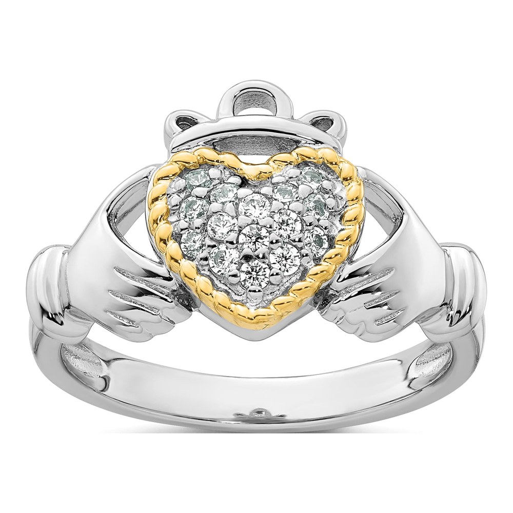 Sterling Silver Rhodium-Plated With 14K Accent Polished Cz Size 7 Claddagh Ring