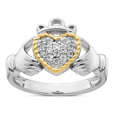 Sterling Silver & 14K Gold CZ Claddagh Ring
