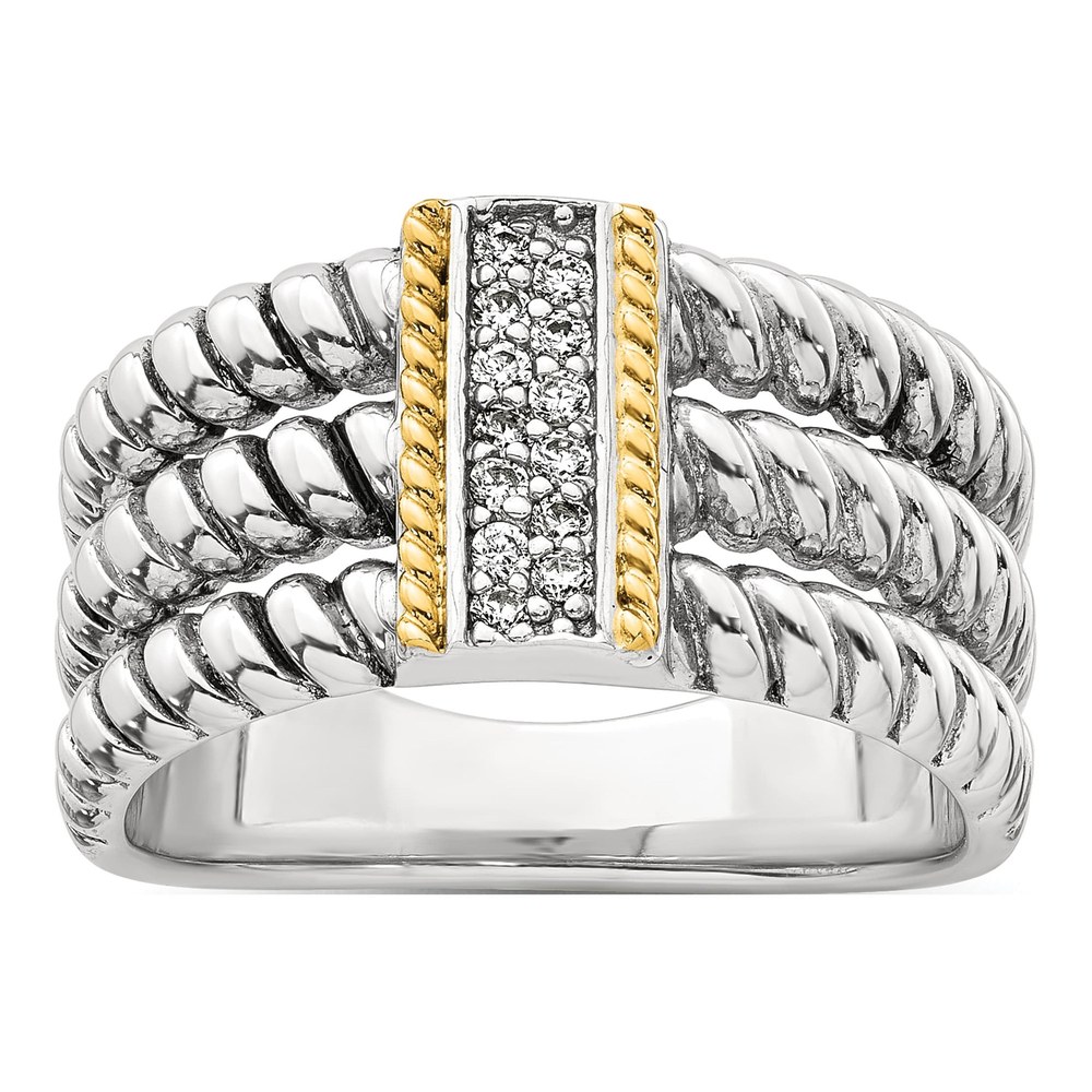 Sterling Silver With 14K Accent Antiqued Polished Cz Triple Twisted Ring