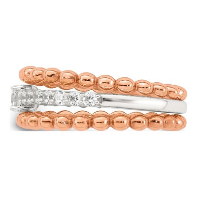Sterling Silver And Rose-Tone Polished Round White Cz Ring With 2 Beaded Bands Size 6 Three Ring Set – view 3
