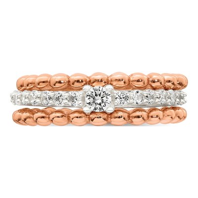 Sterling Silver And Rose-Tone Polished Round White Cz Ring With 2 Beaded Bands Size 6 Three Ring Set – view 4