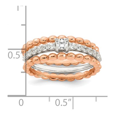 Sterling Silver And Rose-Tone Polished Round White Cz Ring With 2 Beaded Bands Size 6 Three Ring Set – view 5