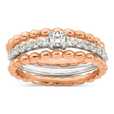 Sterling Silver And Rose-Tone Polished Round White Cz Ring With 2 Beaded Bands Size 6 Three Ring Set