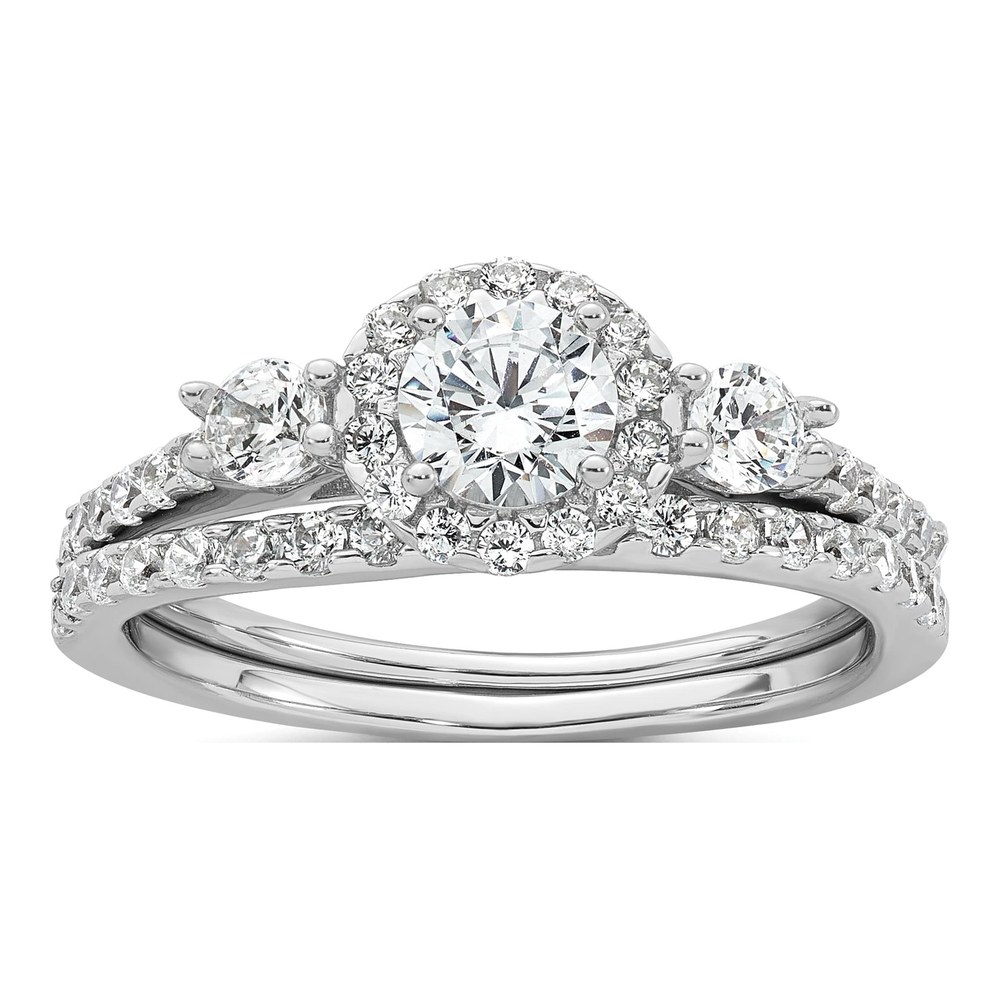 Sterling Silver Rhodium-Plated Polished Cz 3-Stone Halo Size 6 Engagement Ring And Wedding Band Set