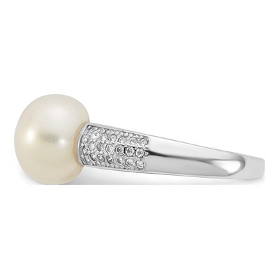 Sterling Silver Freshwater Cultured Pearl & CZ Button Ring – view 3