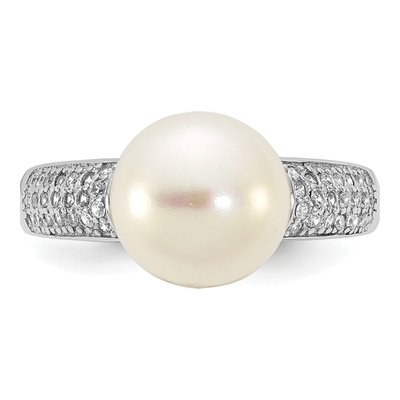 Sterling Silver Freshwater Cultured Pearl & CZ Button Ring – view 4