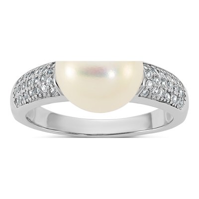 Sterling Silver Freshwater Cultured Pearl & CZ Button Ring