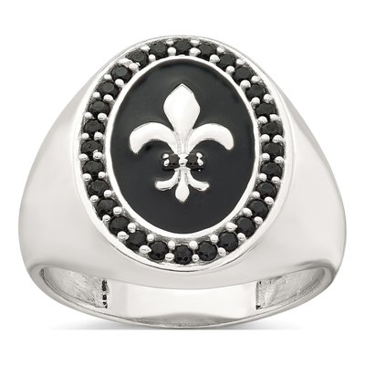 Men's Sterling Silver Crystal Fleur de Lis Signet Ring