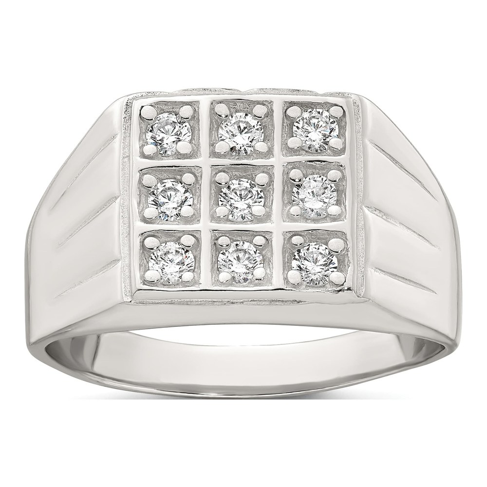 Sterling Silver Polished And Grooved White Cz Square Size 9 Mens Ring