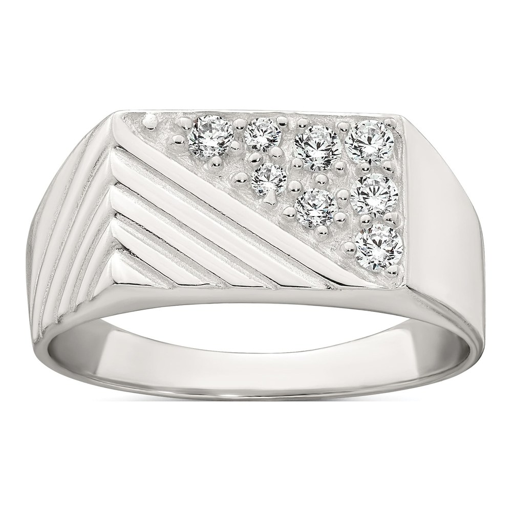 Sterling Silver Polished And Grooved White Cz Size 9 Mens Ring