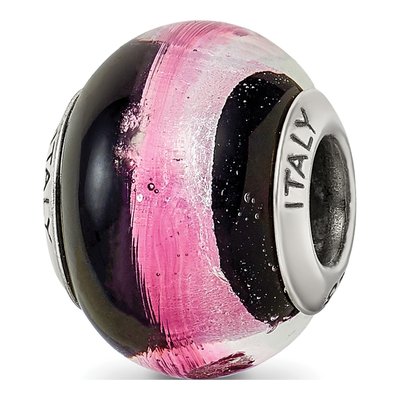 Sterling Silver Pink Black Murano Glass Bead
