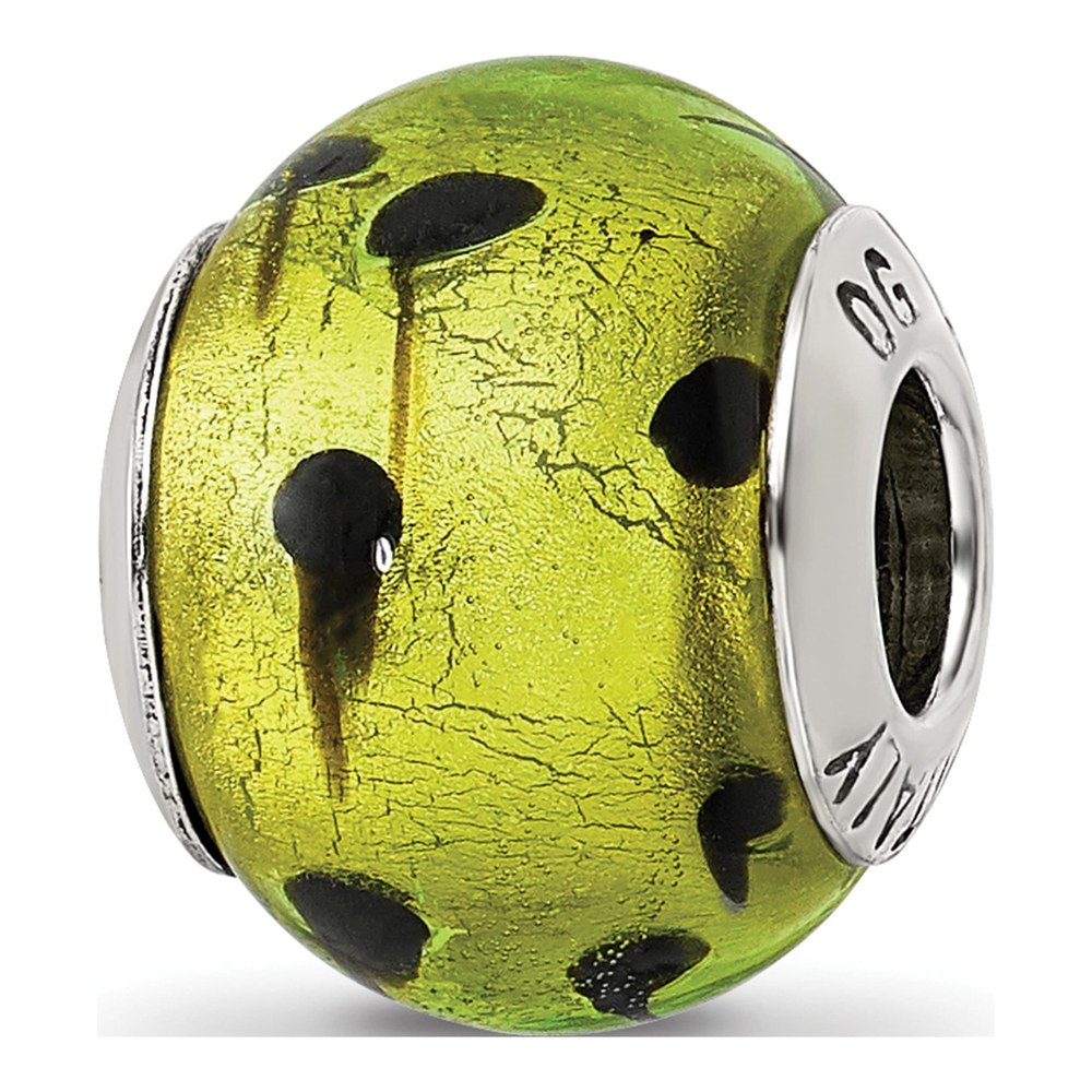 Sterling Silver Green Black Murano Glass Bead