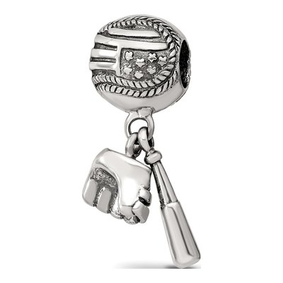 Sterling Silver Baseball Glove Bat Dangle Bead