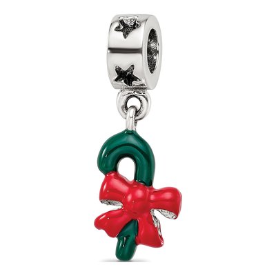 Sterling Silver Green Enamel Candy Cane Dangle Bead