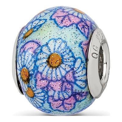 Sterling Silver Blue Floral Glass Bead