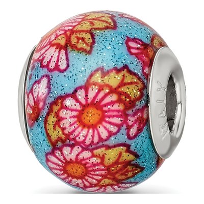 Sterling Silver Multicolor Floral Glass Bead