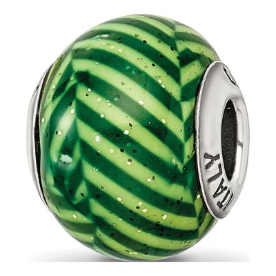 Sterling Silver Green Stripes Glitter Bead