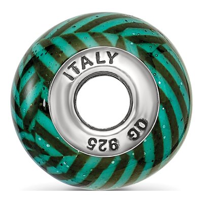 Sterling Silver Teal Stripe Glitter Glass Bead – view 4