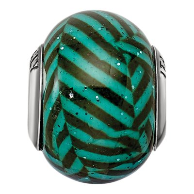Sterling Silver Teal Stripe Glitter Glass Bead – view 5