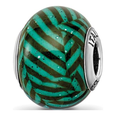 Sterling Silver Teal Stripe Glitter Glass Bead