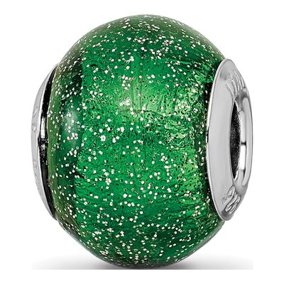 Sterling Silver Green Glitter Glass Bead