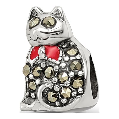 Sterling Silver Marcasite Enamel Cat Bead