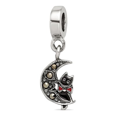 Sterling Silver Marcasite Cat Moon Dangle Bead