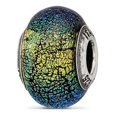 Sterling Silver Green Blue Glass Bead