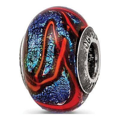 Sterling Silver Murano Glass Blue Orange Bead