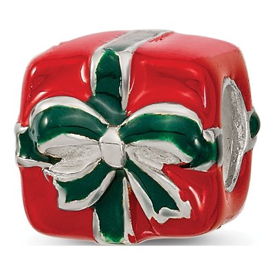 Sterling Silver Green Red Enamel Present Bead