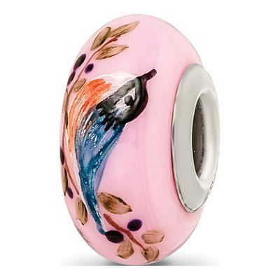 Sterling Silver Ster Pink Hand Painted Nuthatch Fenton Bead