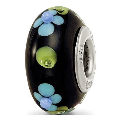 Sterling Silver Fenton Glass Blue Floral Bead