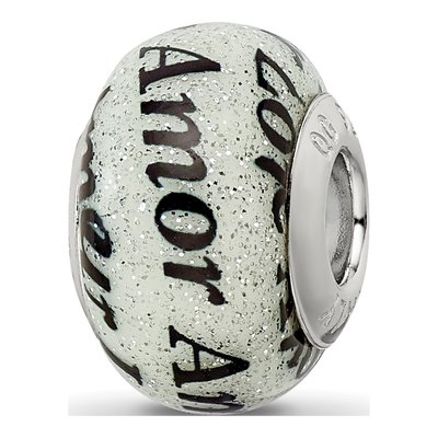 Sterling Silver Love Amor Glitter Glass Bead