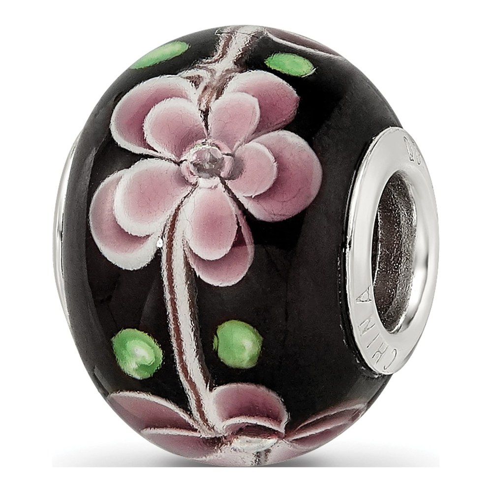 Sterling Silver Pink Green Floral Glass Bead
