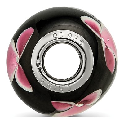 Sterling Silver Pink Floral Black Glass Bead – view 3