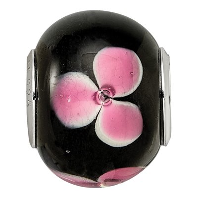 Sterling Silver Pink Floral Black Glass Bead – view 6