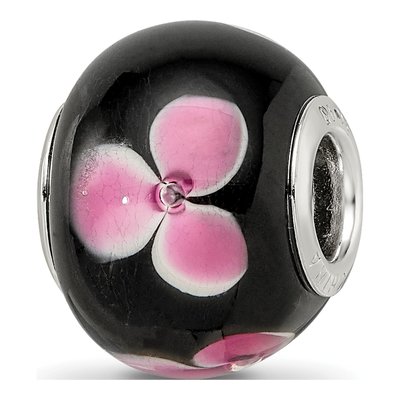 Sterling Silver Pink Floral Black Glass Bead