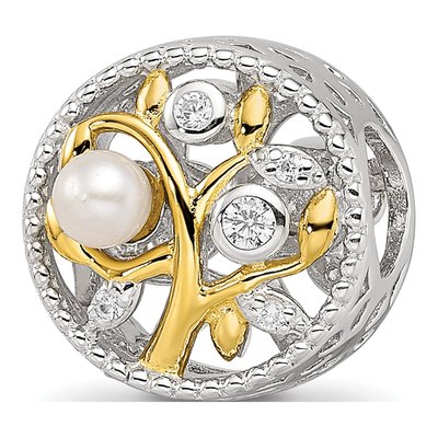Sterling Silver Simulated Pearl & CZ Tree Bead