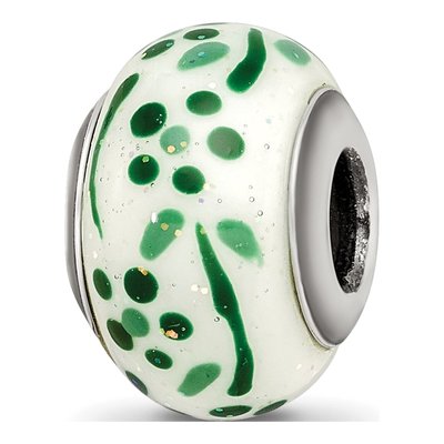 Sterling Silver Green Glitter Flower Glass Bead