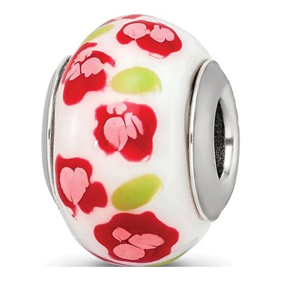Sterling Silver Red Pink Flower Glass Bead