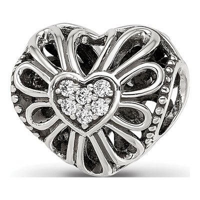 Sterling Silver CZ Antiqued Heart Bead