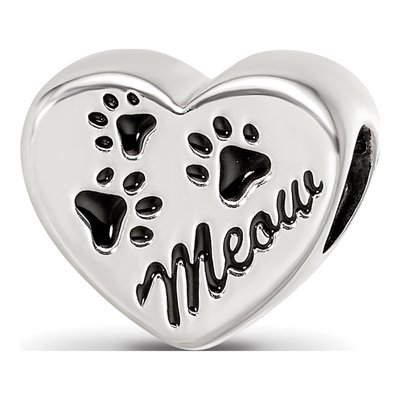 Sterling Silver Enamel Meow Paw Print Heart Bead