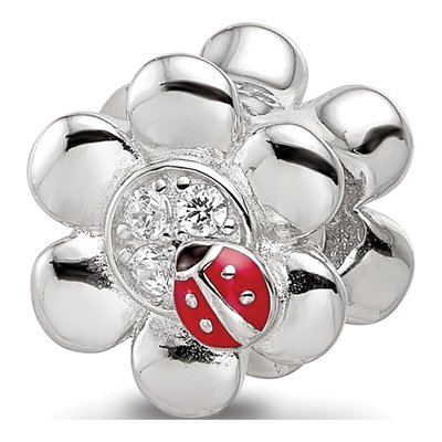 Sterling Silver CZ Ladybug Flower Bead
