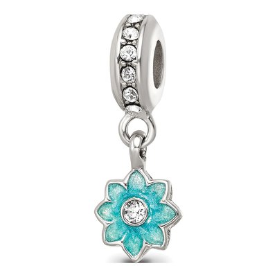 Sterling Silver Crystal Teal Enamel Flower Dangle Bead