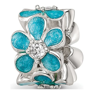 Sterling Silver CZ Teal Enamel Floral Bead