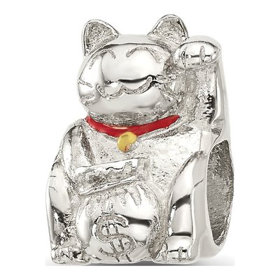 Sterling Silver Red Enamel Lucky Cat Bead