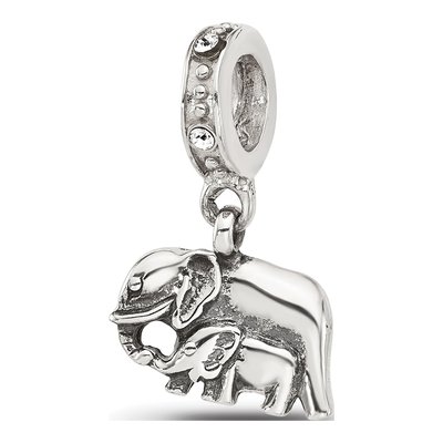 Sterling Silver Crystal Mommy Baby Elephant Dangle Bead