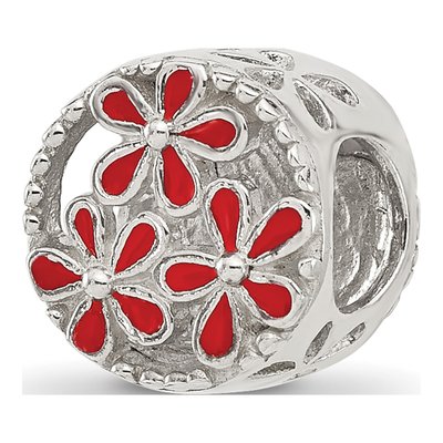 Sterling Silver Red Enameled Floral Bead