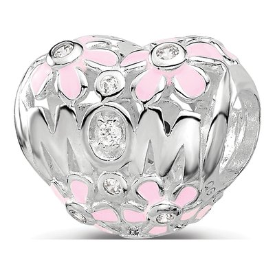 Sterling Silver CZ Enamel Mom Heart Bead